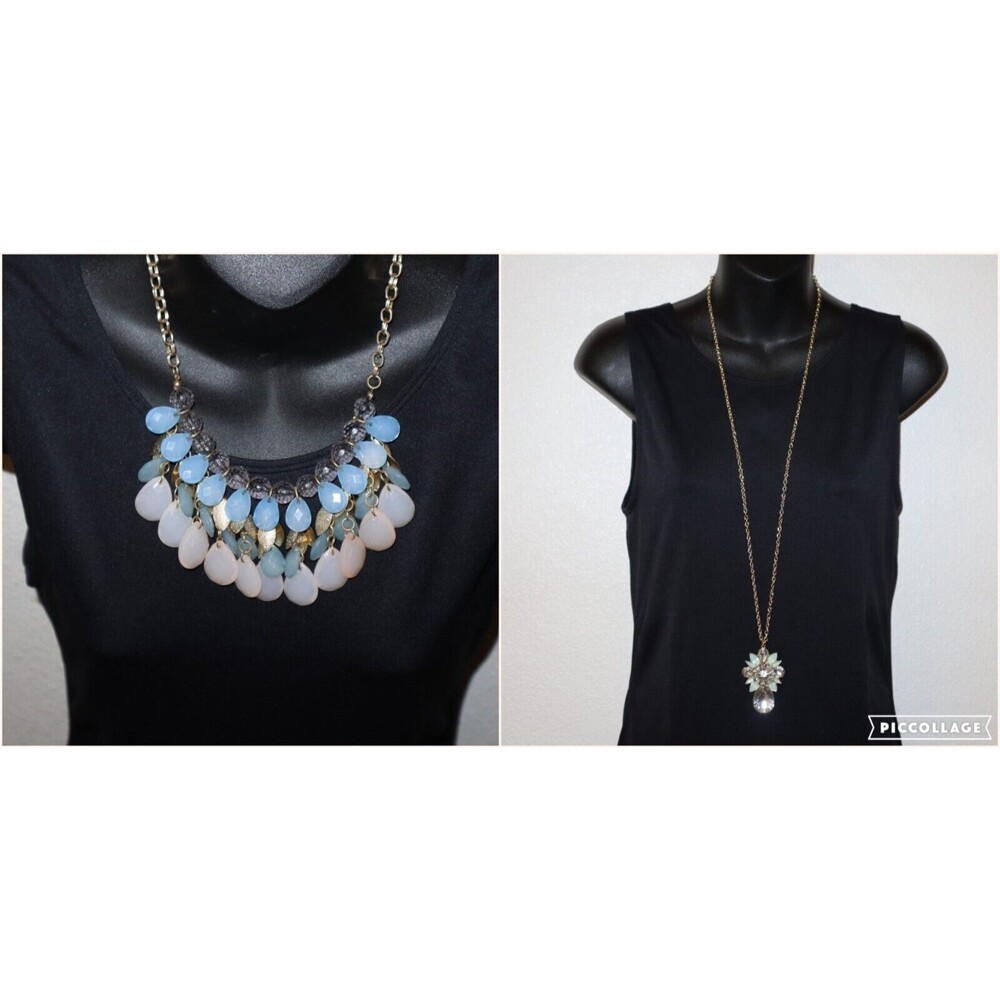 Lot Light Off-white Blue Necklace Gold Tone Dangle Pendant Chandelier Floral